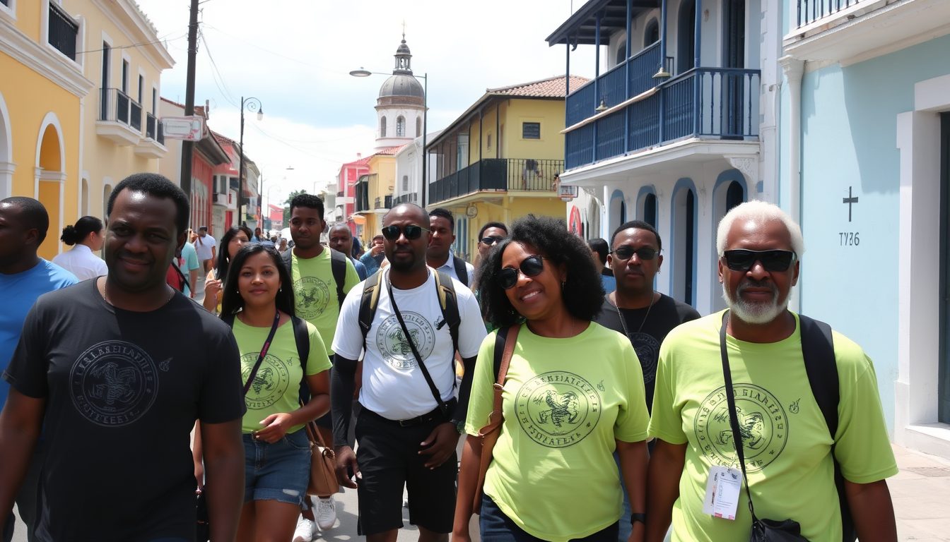 A small group of black cruise travelers walking through a caribbean port town with a local guide tak 893960800